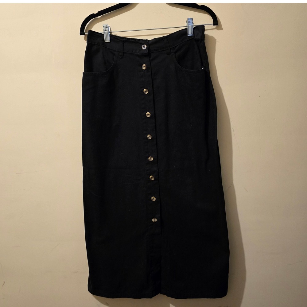 Vintage 90s Advantage Mary Jayne Skirt Womens M Black Button Front Denim Midi